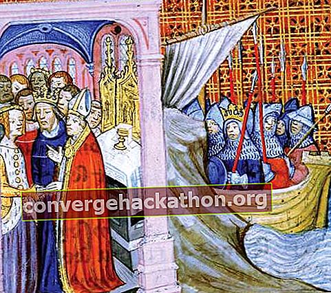 Eleanor dari Aquitaine menikahi Louis VII pada 1137 (adegan kiri) dan Louis VII berangkat pada Perang Salib Kedua (1147), menggambar dari Les Chroniques de Saint-Denis, akhir abad ke-14.