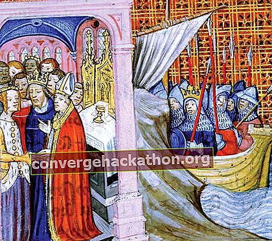 Eleanor dari Aquitaine menikahi Louis VII pada 1137 (adegan kiri) dan Louis VII berangkat pada Perang Salib Kedua (1147), menggambar dari Les Chroniques de Saint-Denis, akhir abad ke-14.