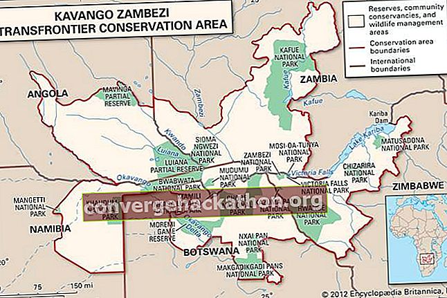 Carte de la zone de conservation transfrontalière de Kavango Zambezi en Angola, Zambie, Nambie, Botswana, Zimbabwe, Afrique.