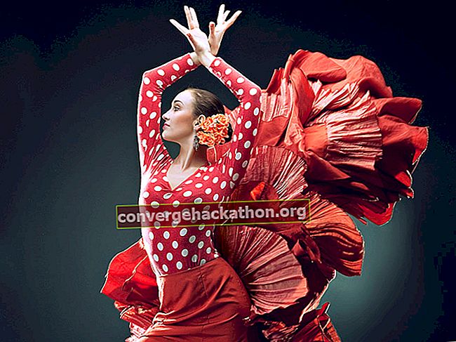 Танц.  Фламенко.  Испания.  Танцьорка на фламенко в червено.