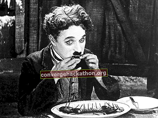 The Gold Rush (1925) Charlie Chaplin รับบทเป็น The Tramp ที่กินอาหารที่ทำจากรองเท้าบู๊ตของเขาในฉากจากภาพยนตร์เงียบ  ภาพยนตร์ตลกเงียบเขียนกำกับและอำนวยการสร้างโดย Charlie Chaplin