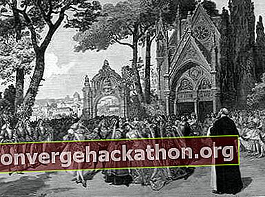La procesión nupcial del estreno en París de la versión de 1888 de la ópera Roméo et Juliette de Charles Gounod, protagonizada por Jean de Reszke y Adelina Patti, de L'Illustration, 1888.