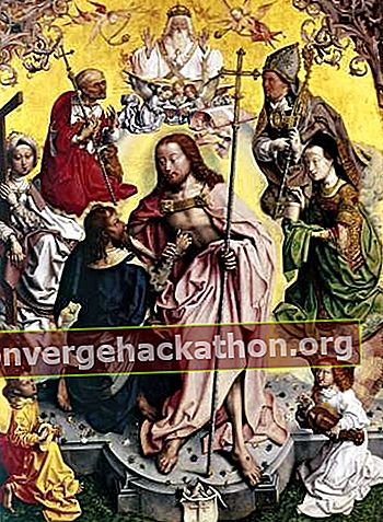 Rasul Thomas meletakkan tangannya ke dalam luka Kristus, seperti yang ditunjukkan di St Thomas Altarpiece, panel tengah dari St Bartholomew Altar (c. 1500), oleh Master yang tidak dikenal dari St Bartholomew Altar;  minyak di atas pohon ek, di Museum Wallraf-Richartz, Cologne, Ger.