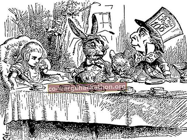 En galen teparty.  Alice möter March Hare och Mad Hatter i Lewis Carroll