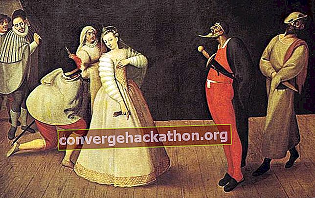 Troupe de la Commedia dell'arte, représentant probablement Isabella Andreini et la Compagnia dei Gelosi, peinture à l'huile d'un artiste inconnu, v.  1580;  au Musée Carnavalet, Paris